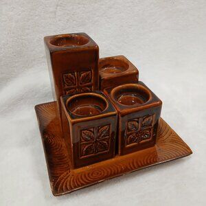 Vintage 1970s Style 5 Pc Brown Ceramic Tea Light Votive Candle Holder Set w/Tray